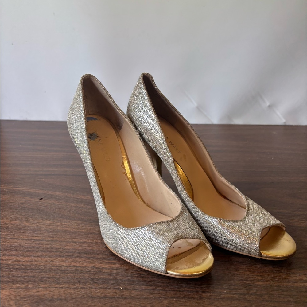 Nine West Silver Peep-Toe Heels